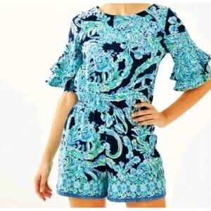 Lilly Pulitzer Women Sz. XL  Lula Romper High Tide Navy Style Ruffle Sleeve Prep